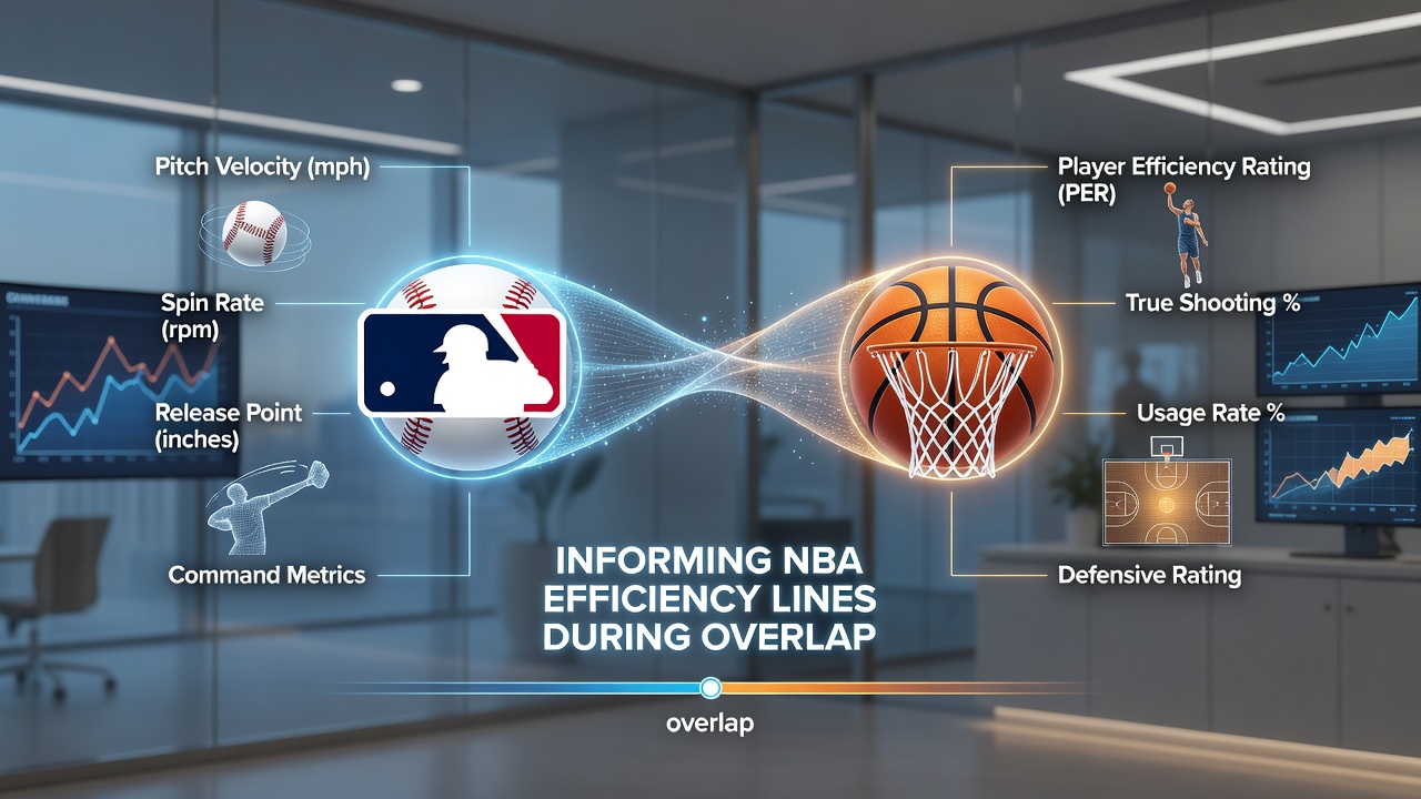 NBA player shooting a three-pointer with efficiency metric graphics showing true shooting percentage and player efficiency rating updates