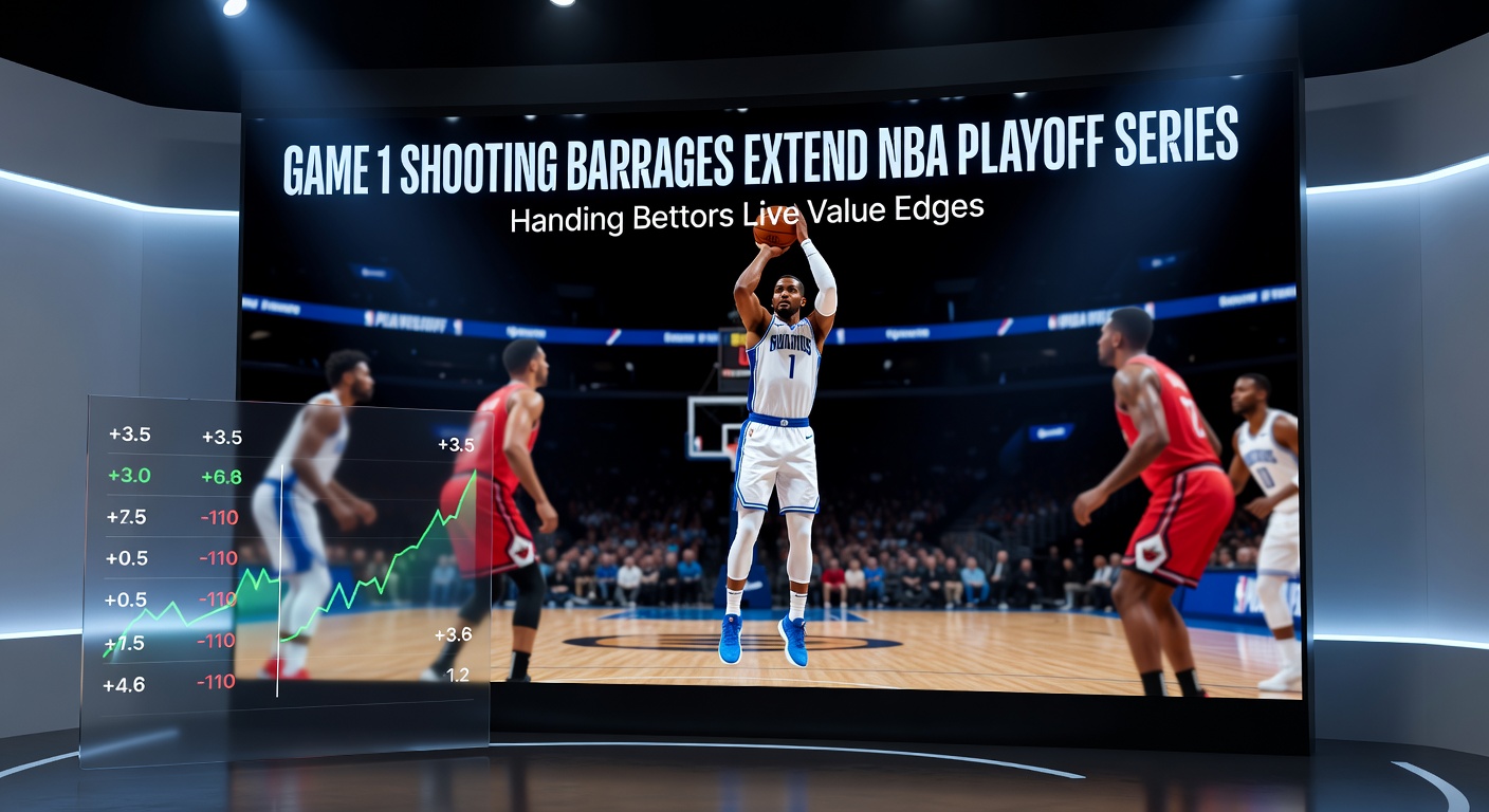 Close-up of an NBA player sinking a three-pointer during a heated playoff Game 1, ball swishing through the net amid defensive pressure