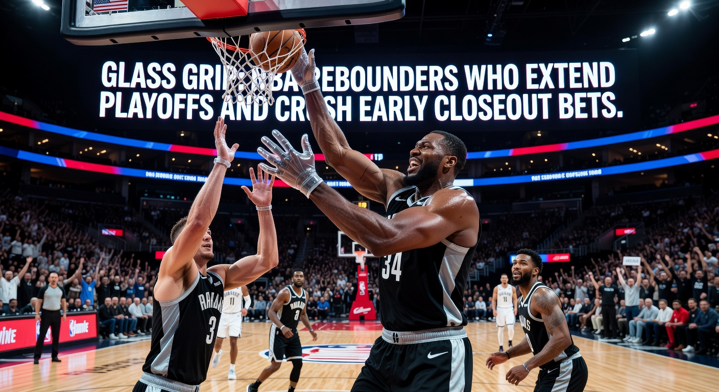 Close-up of an NBA rebounder gripping the backboard during a playoff rebound battle, sweat flying as he secures the board amid chaos