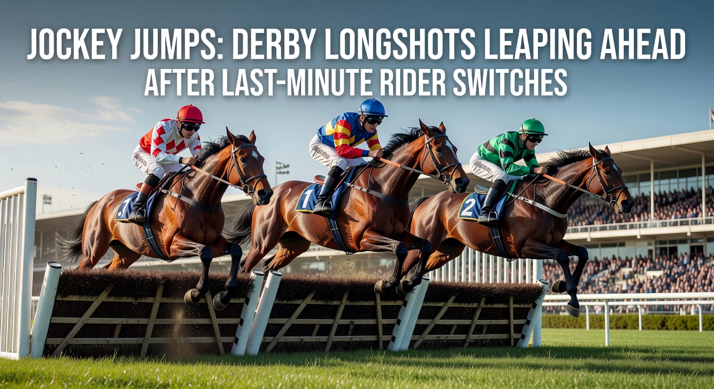 A jockey mounting a longshot Derby contender moments before the gates open, capturing the tension of a last-minute rider change