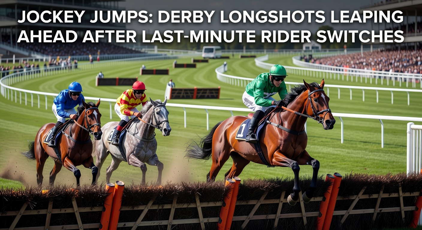 Close-up of a Derby longshot surging past favorites under a new jockey's command, highlighting the dramatic turnaround