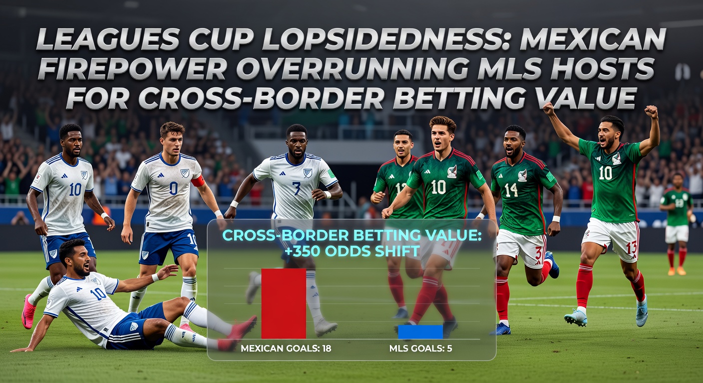 Data visualization chart showing Liga MX win rates and goal differentials in Leagues Cup hosted matches versus MLS teams