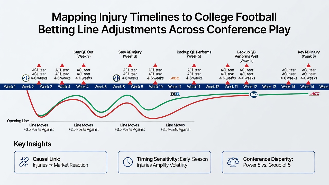 Sportsbook odds board displaying college football conference game lines with injury notations