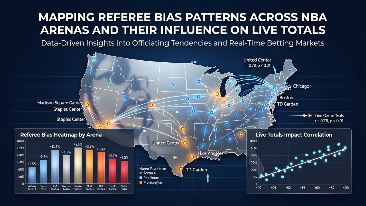 Statistical dashboard displaying NBA referee call distributions and live betting totals across multiple arenas