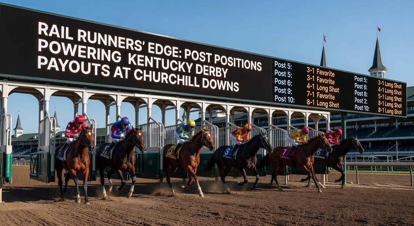 Horses bursting from the gate at Churchill Downs during the Kentucky Derby, highlighting the tight inside posts near the rail