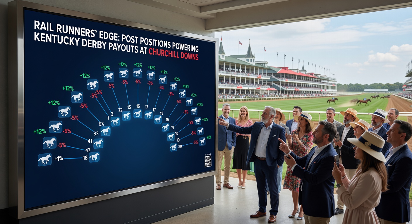 Close-up of a rail horse gaining the lead in the Kentucky Derby stretch, crowd roaring in the background at Churchill Downs