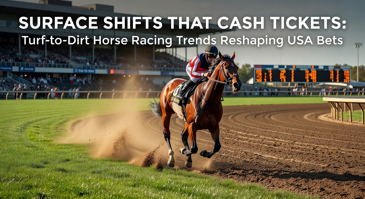 A horse charging down a dirt track after transitioning from turf, kicking up dust in a high-stakes USA race, highlighting surface shift dynamics
