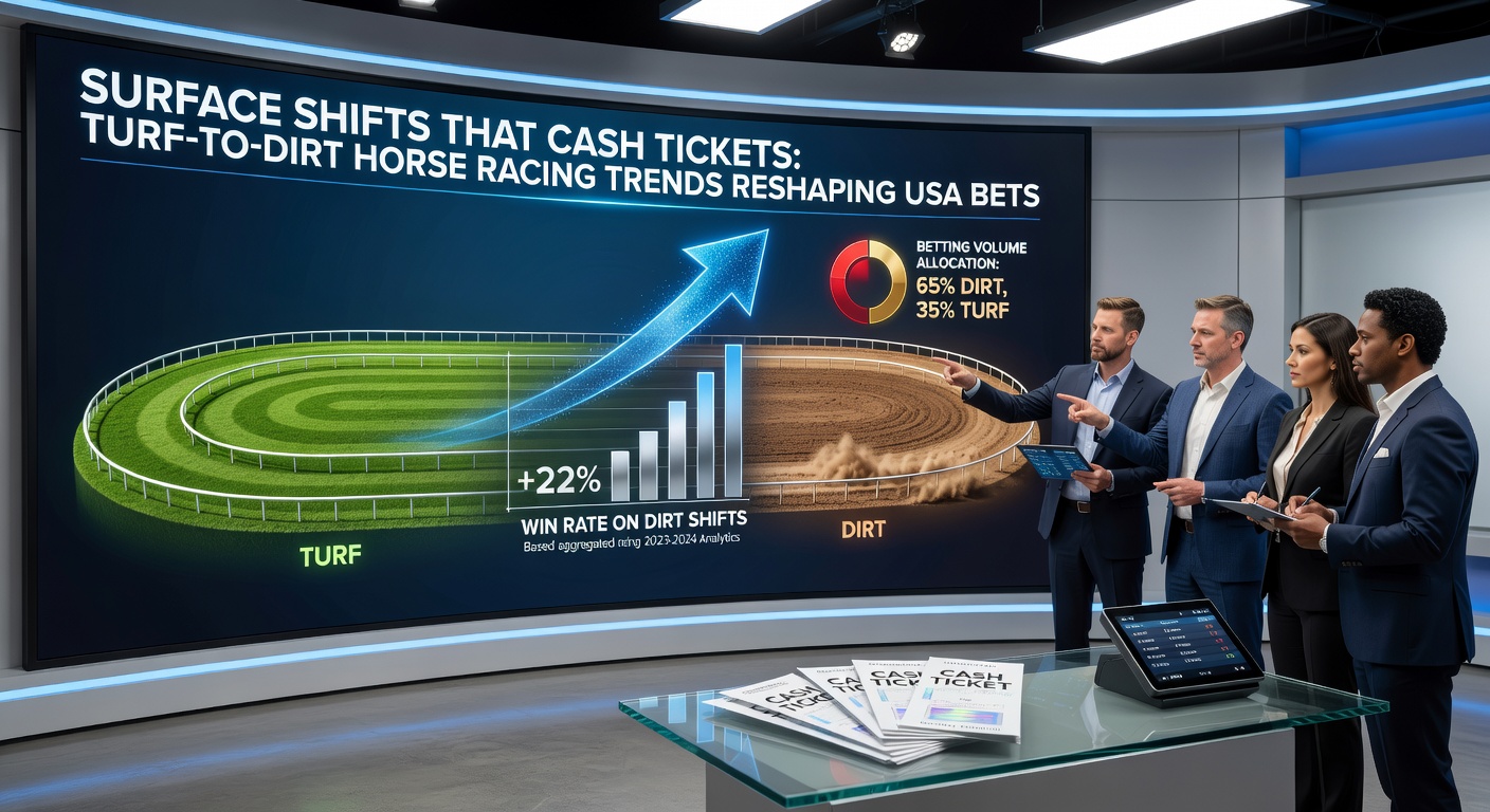 Trainers and jockeys conferring trackside before a turf-to-dirt workout, capturing the strategic decisions driving betting trends in USA horse racing