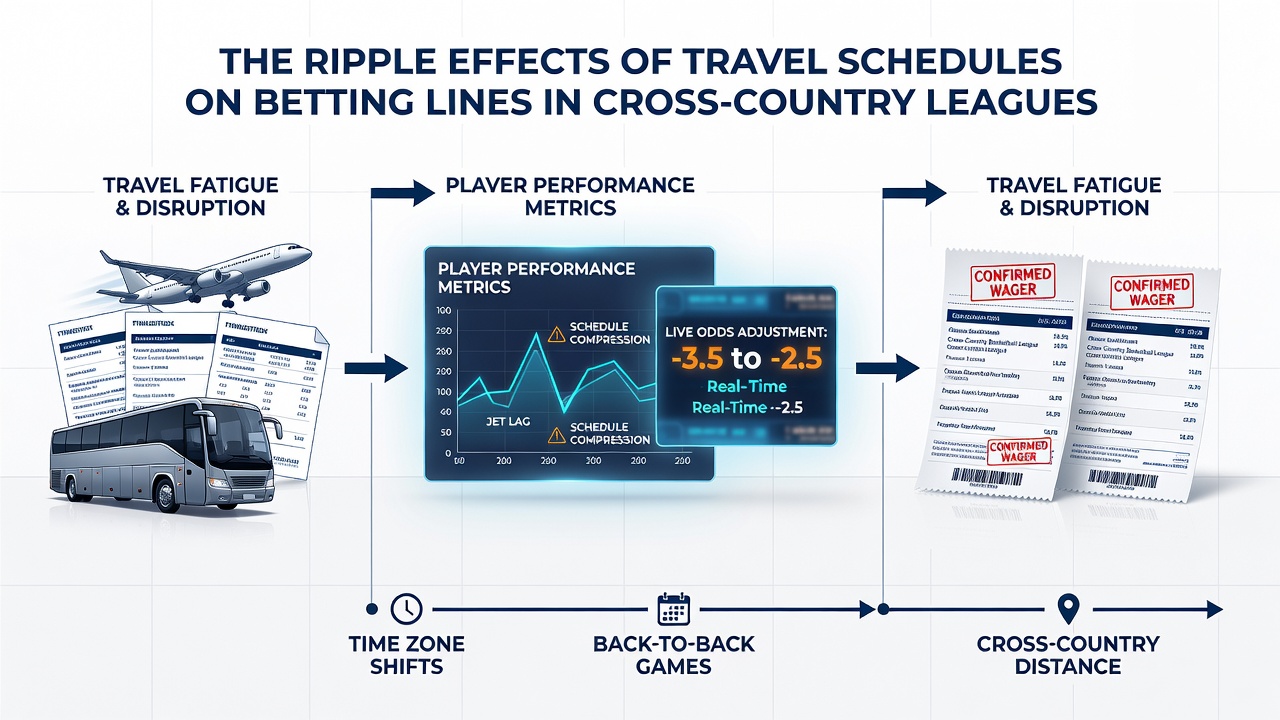 Infographic showing travel mileage statistics for NBA teams and corresponding changes in betting spreads during the 2025-26 season