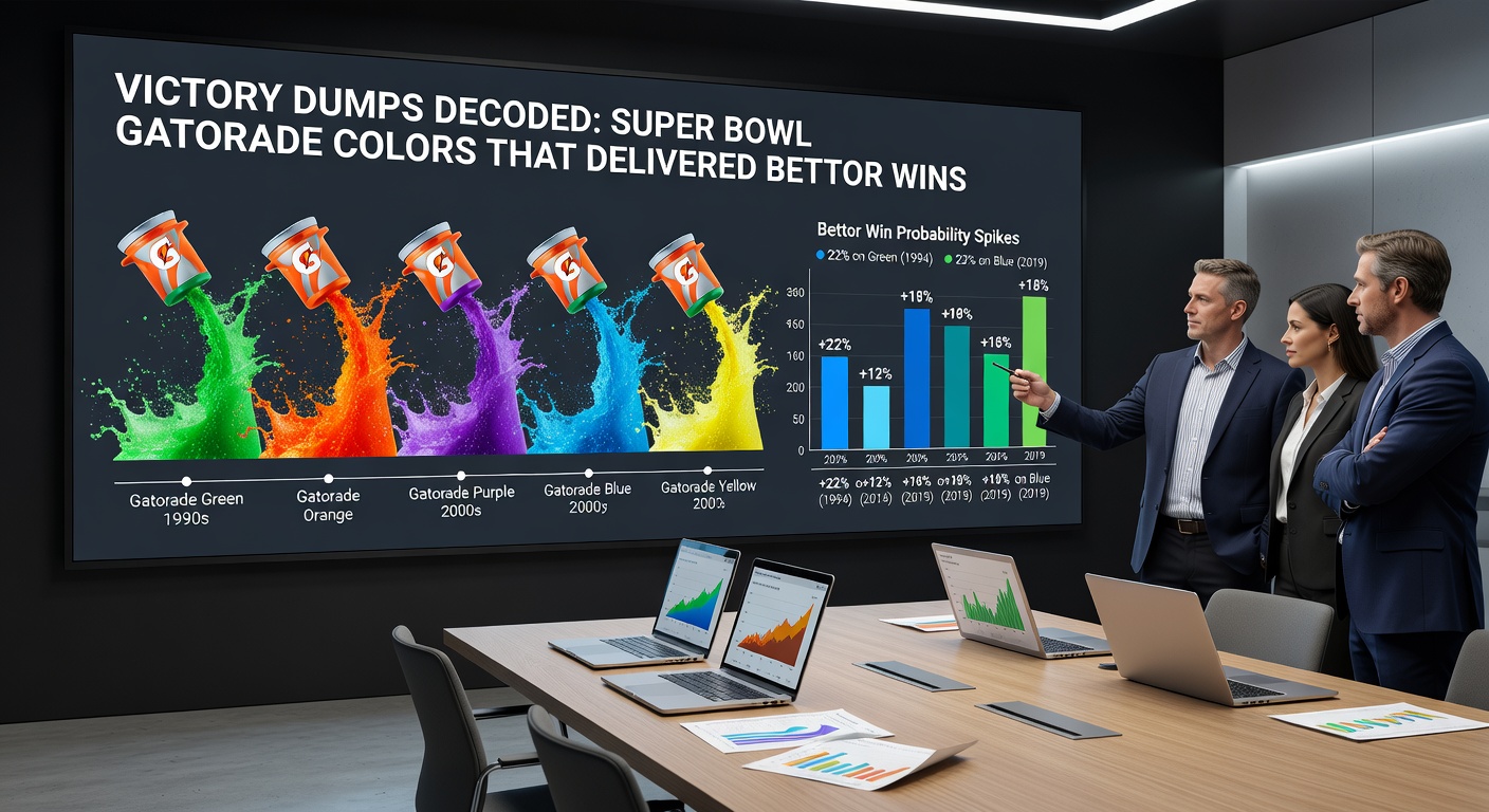 Close-up of purple Gatorade cascading over victorious Super Bowl coach in triumphant locker room scene